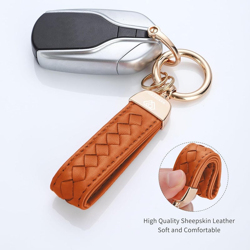 Hamdecro Store Genuine Leather Car Keychain, Handmade Knit Sheepskin Key chains for Women, Universal Key Fob Holder with 360 Degree Rotatable, Anti-Lost D-Ring, 2 Keyrings and 1 Screwdriver – Orange - Image 2